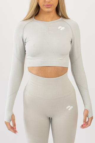 Long Sleeve Gym Crop Top - White - Front View