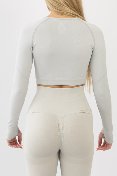 Long Sleeve Gym Crop Top - White - Rear View