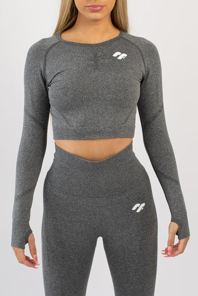 Long Sleeve Gym Crop Top - Grey - Front View