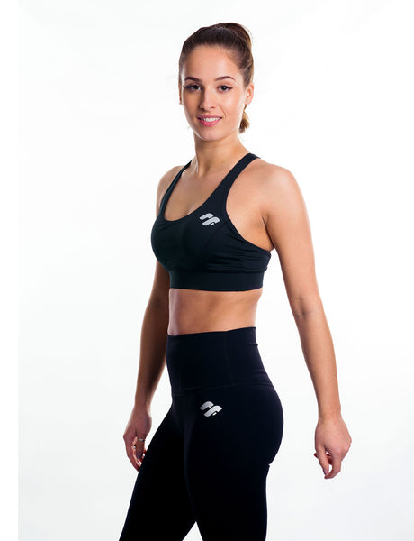 Black strappy sports bra side view