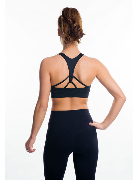 Black strappy sports bra back view