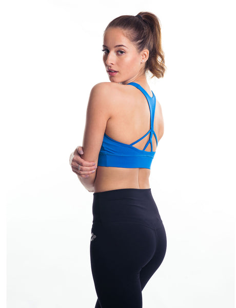 Blue strappy sports bra back view