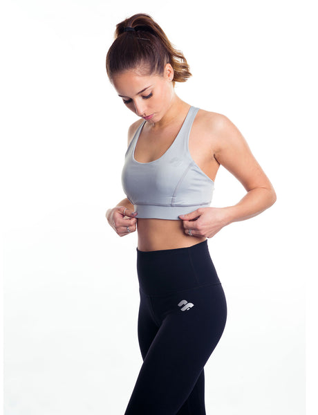 Grey strappy sports bra side picture