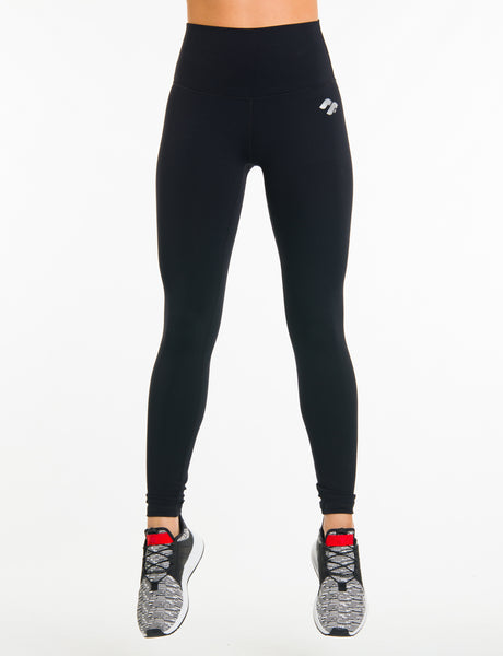 black high waisted gym leggings front view on model jumping