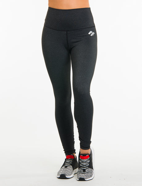 dark grey high waisted gym leggings front view on model walking