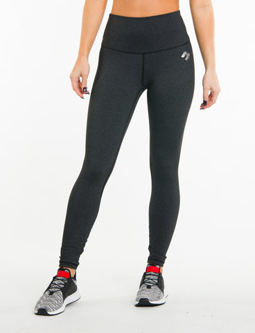 dark grey high waisted gym leggings front view on model