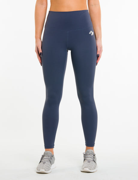 steel blue high waisted gym leggings front view on model